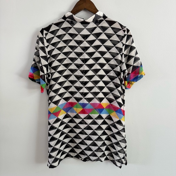 Vintage | Gottex Unisex Black White Rainbow Stripe Graphic Geometric Silk Shirt - Picture 2 of 6